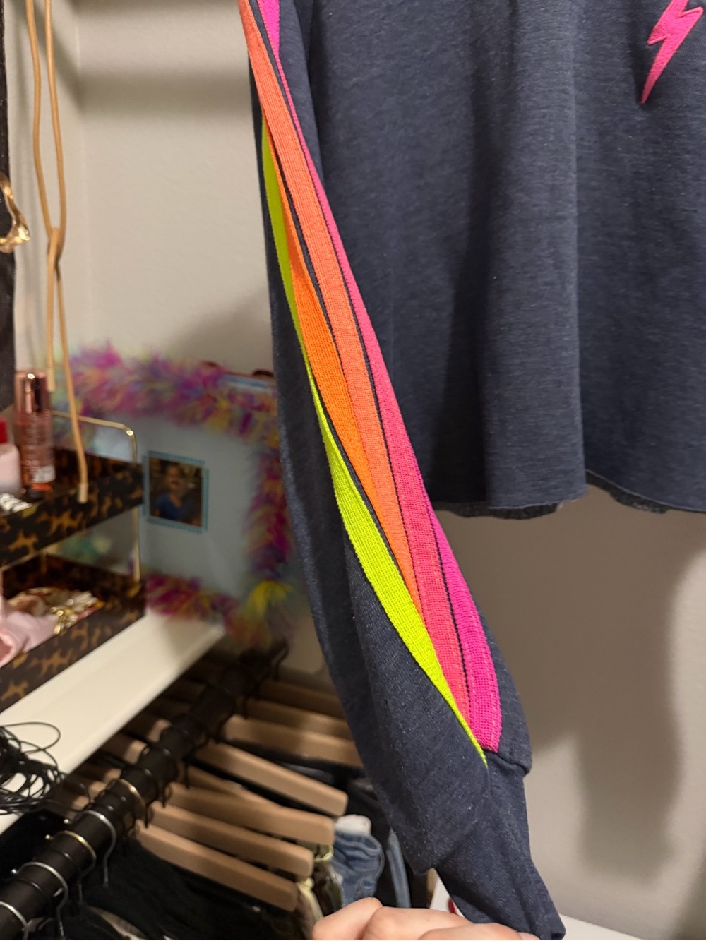 Aviator Nation Navy Sweatshirt with Pink & Orange Shoulder Stripes - Picture 2 of 3